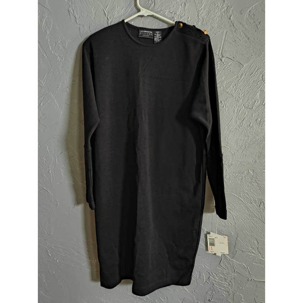 Vntg Lizโ Claiborne Dress Black Long Sleeve Shoulder Pad Sz Petite Small